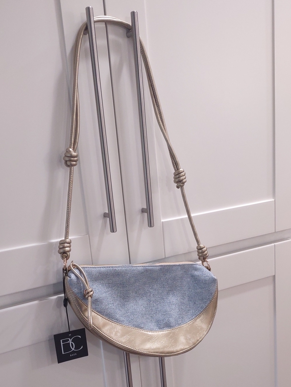 Gold and Light Blue Denim Crescent Crossbody Bag - By Band C Bags NWT!